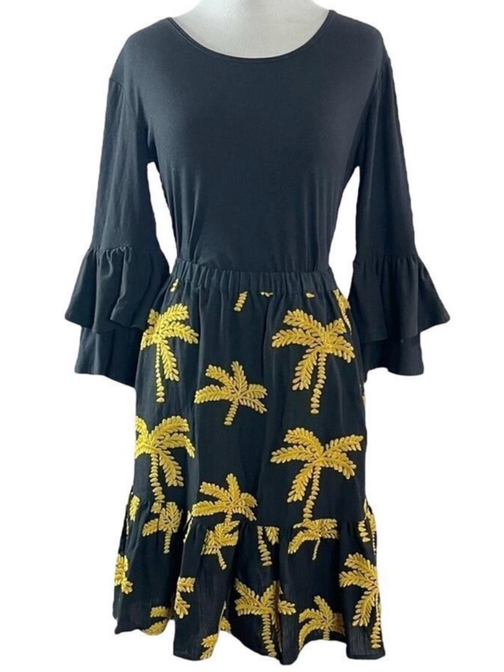Anthropologie Embroidered Palm Tree Skirt MIDI Black Mustard Gold XS PEPALOVES